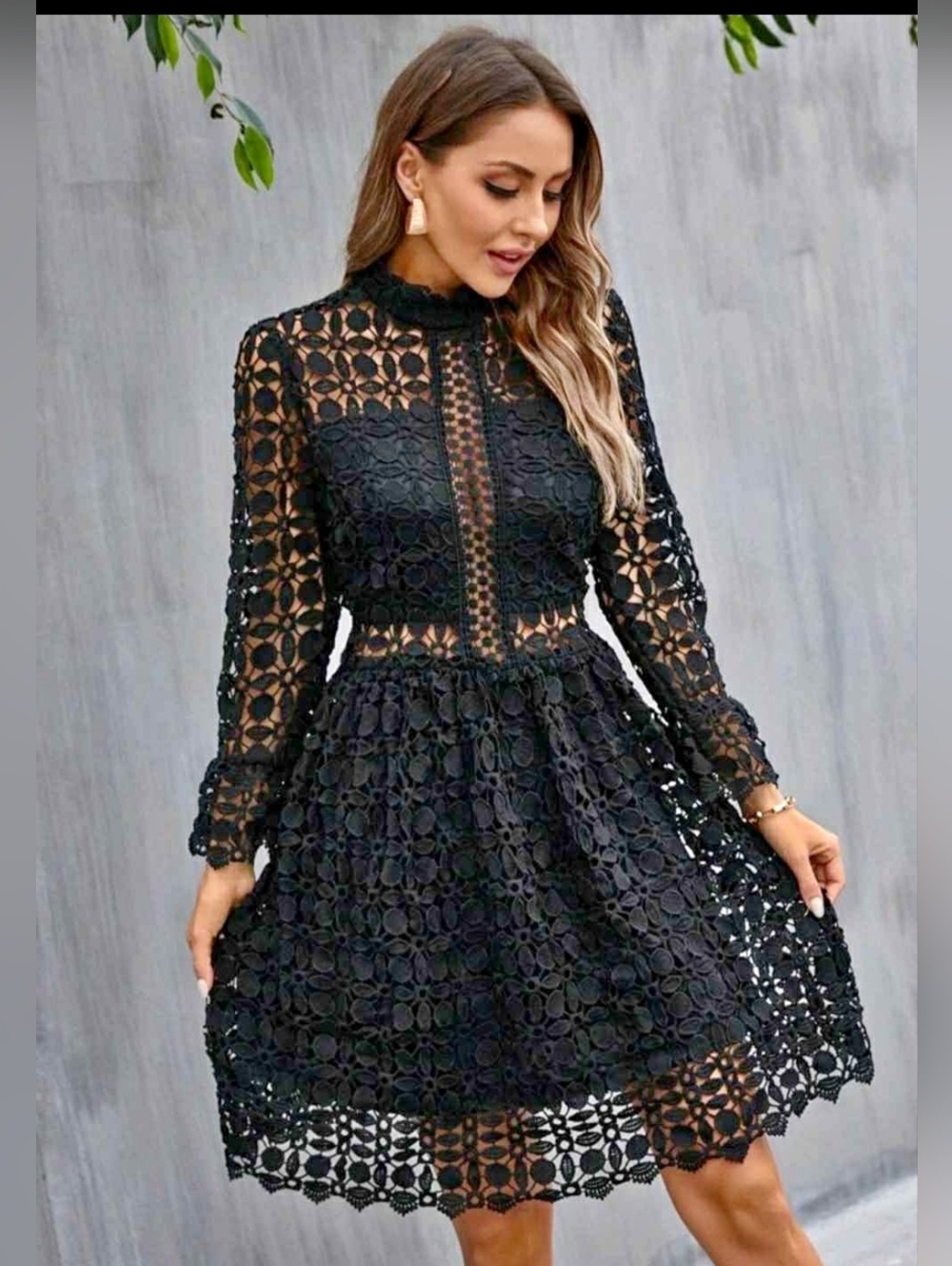 Black Crochet Lace Long-Sleeve Fit & Flare Dress Large Fits Like Medium